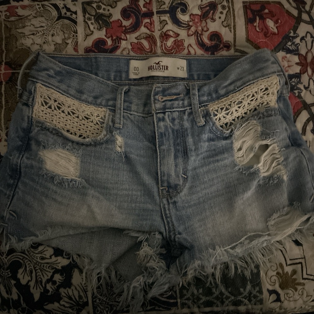 Hollister Blue Denim Shorts with Cream Crochet